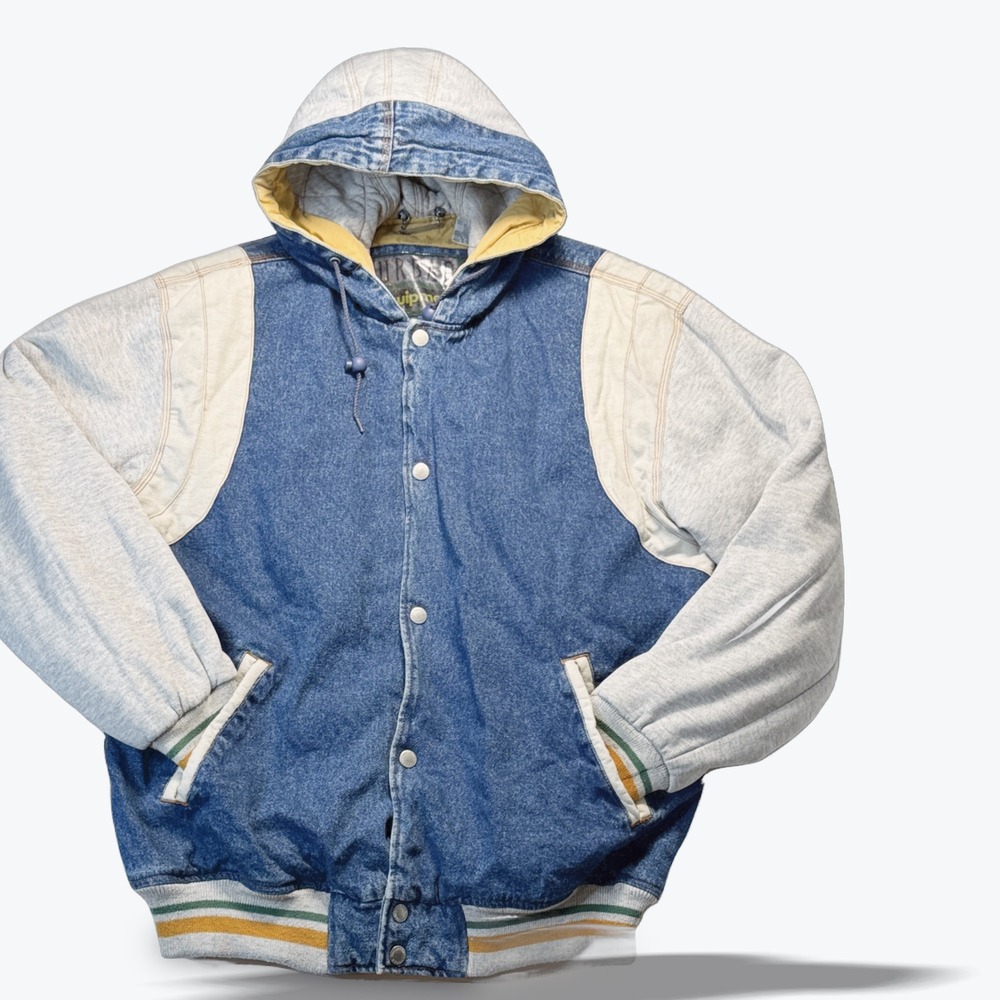 Urban Equipment Denim Varsity Jacket 90s Bomber Quilted Hooded Blue Grey Size LT